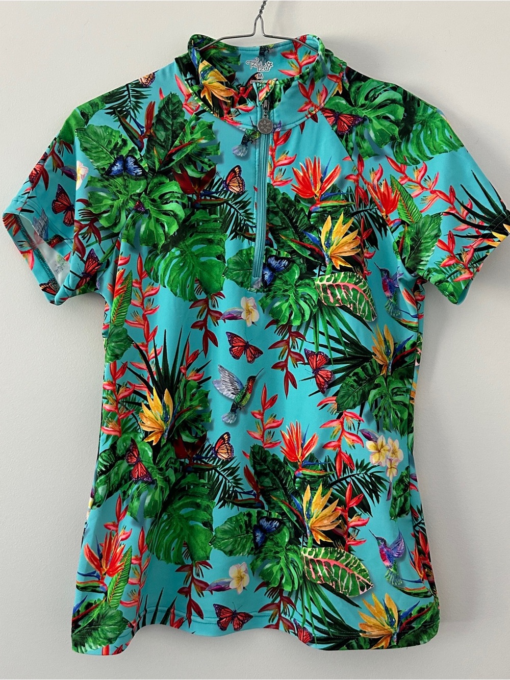 Tzu Tzu Turquoise Tropical Zip-Front Short Sleeve Top